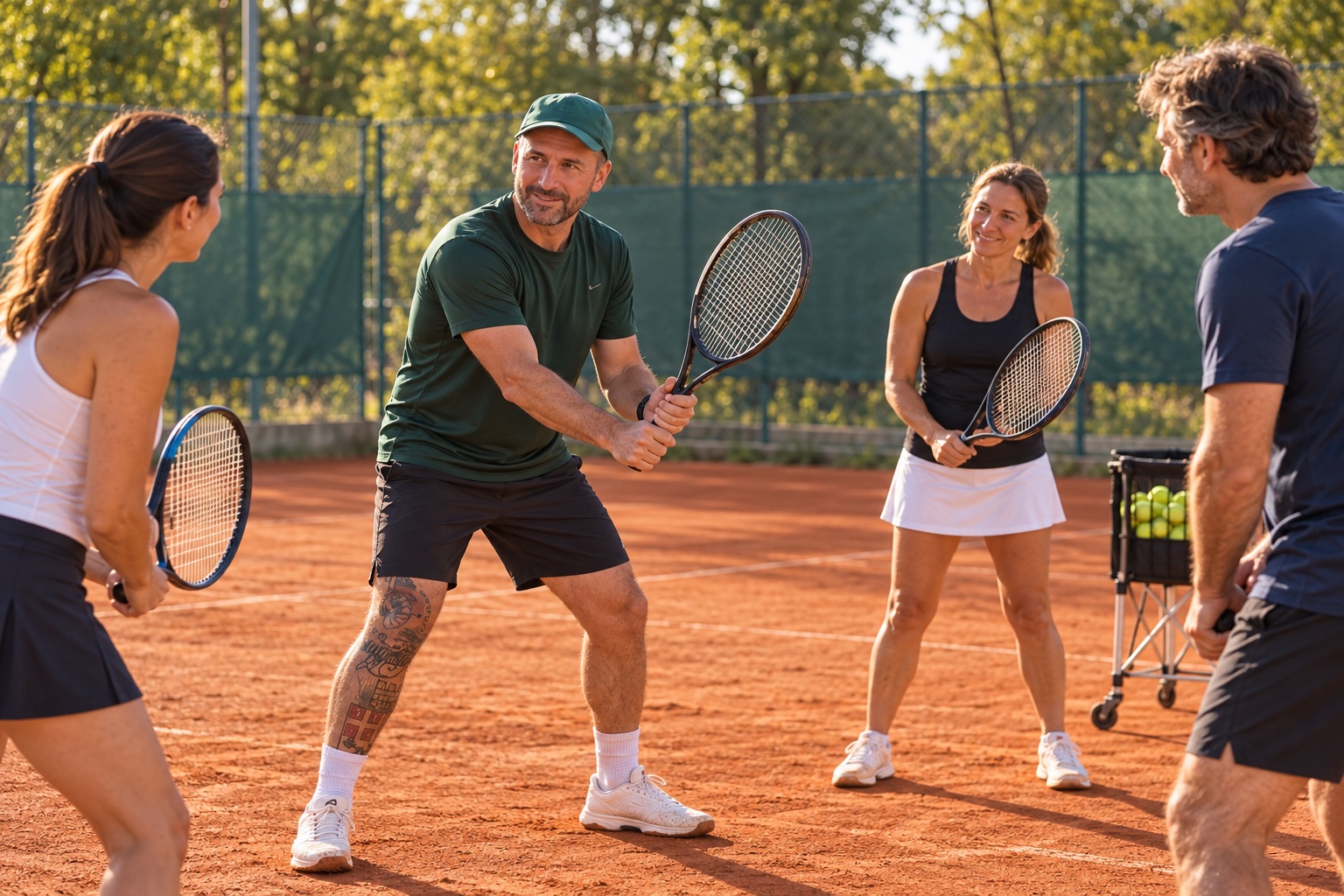 KI-Illustration: Marko erklärt einer kleinen Erwachsenengruppe eine Tennisübung